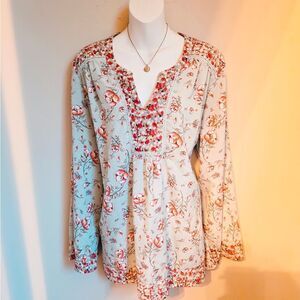 Suzanne Betro Peplum V Neck Long Sleeve Floral Mint Background Top